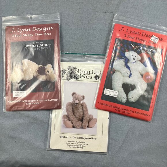 3 Vtg Lg Floppy Soft Big Teddy Bear Sewing Patterns Bramble Bears J Lynn Designs - Picture 1 of 2